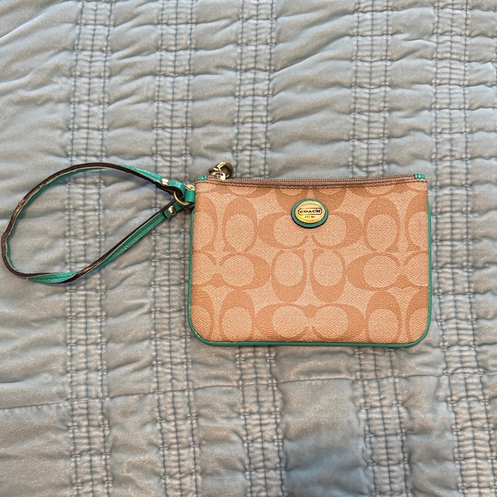 Vintage Coach Classic Signature Khaki and Aqua Teal Wristlet Purse Wallet Bag